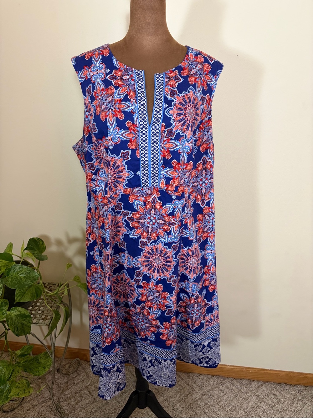 Adorne Woman Sleeveless Blue Floral Midi Dress with Red Accents